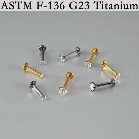 G23 Titanium Intern Schroefdraad Labret Lipring Stud Goud Zilver Rond Zirconia Vier-Poot Oorkraakbeen Piercing Body Sieraden