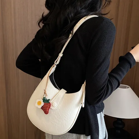 Bolso de Hombro Minimalista de Cuir PU para Mujer Pequeño Bolso Casual Bandoulière Moda Color Sólido Hobo Con Colgante