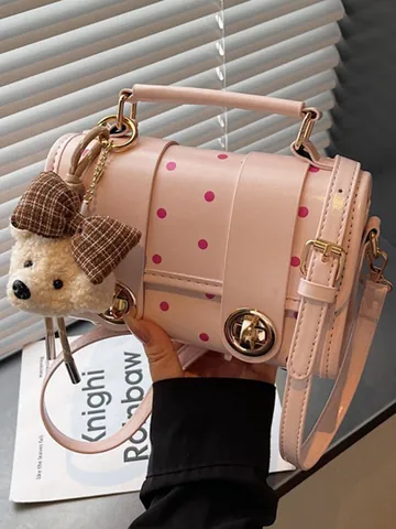 Vintage Polka Dot Crossbody Bag For Women Stylish PU Leather Small Square Bag With Bear Pendant Handbag Shoulder Bag