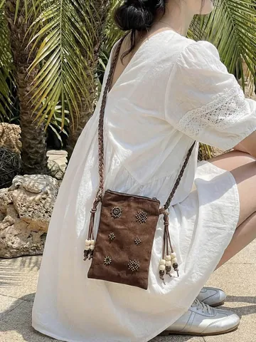 Retro Velvet Beaded Crossbody Phone Bag For Women Bohemian Braided Strap Mini Shoulder Bag Small Square Pouch For Daily Travel