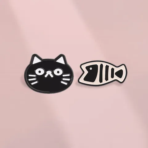 Cartoon Black Cat Fish Bone Enamel Pin Brooches Cute Animal Alloy Lapel Badges For Backpack Denim Jacket Clothes Decoration Personalized Jewelry Gift