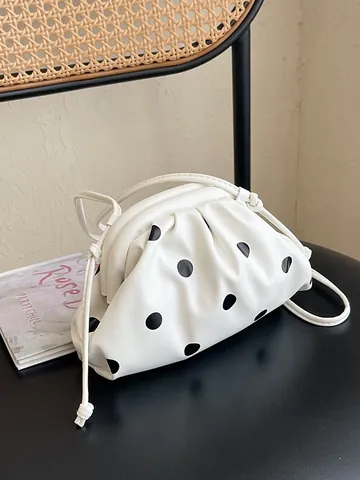Women's Polka Dot Pleated Cloud Bag Fashion PU Leather Shoulder Crossbody Bag Casual Summer Bucket Bag Small Pouch For Ladies