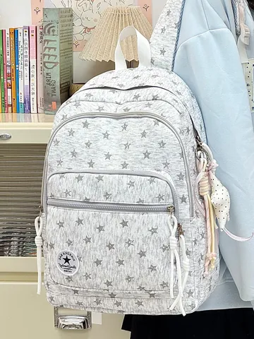 Women Casual Star Print Nylon Backpack Large Capacity School Bag For Students Outdoor Travel With Star Pendant