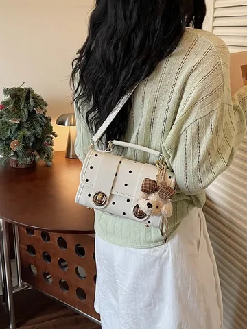 Vintage Polka Dot Crossbody Bag For Women Stylish PU Leather Small Square Bag With Bear Pendant Handbag Shoulder Bag