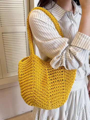 Women's Hand Knitted Straw Tote Bag Niche Design Underarm Shoulder Bag Simple Casual Travel Summer Beach Crochet Bag