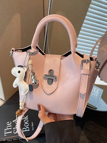 Niche Design PU Leather Bucket Bag For Women Fashion Small Handheld Crossbody Bag Solid Color Stylish Commuting Handbag With Charm