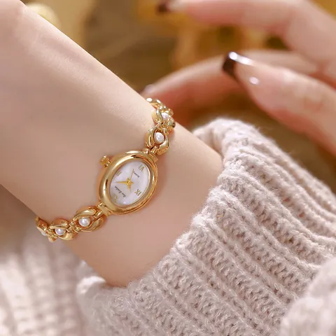 Bee Sister Retro Luxus Damen Quarzuhr Ovales Zifferblatt Künstliche Perle Armband Eleganter Vintage-Stil Schmuck Uhr FA1865