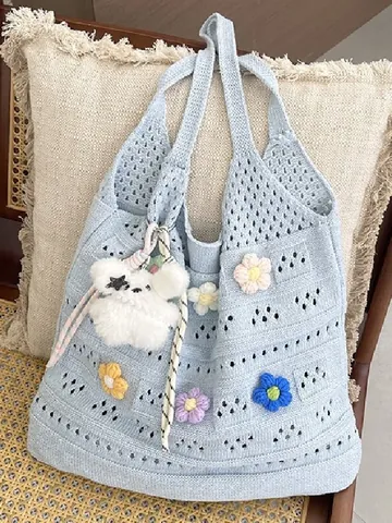 Handmade Crochet Flower Tote Bag Hollow Knitted Shoulder Bag Literary Cotton Floral Shopping Bag Large Capacity Women Bag