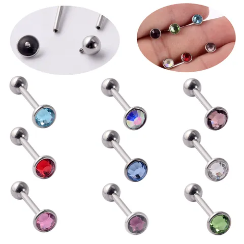 Anneau de Langue en Acier Inoxydable Fileté à l'Intérieur Pour Femmes Hommes Strass à Toit Plat Piercing Barbell 14G Bijoux Corps