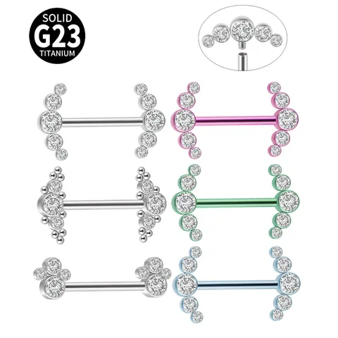 G23 Solid Titanium Internally Threaded Nipple Ring Barbell Pave Rhinestone Body Piercing Jewelry For Women Men Punk Style Colored Nipple Stud
