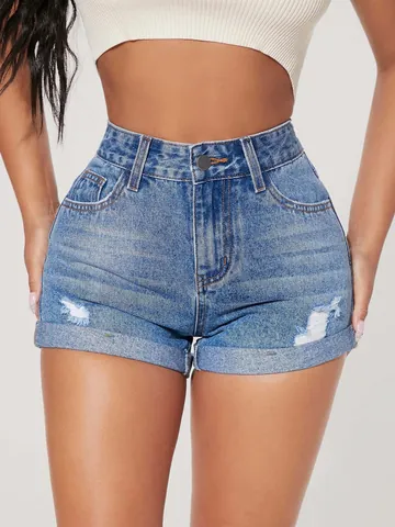 Pantaloncini di Jeans Donna Sexy Vita Alta Distressed Lavati Slim Fit Risvolto Blu Hot Pants Streetwear Casual Estate Bottom