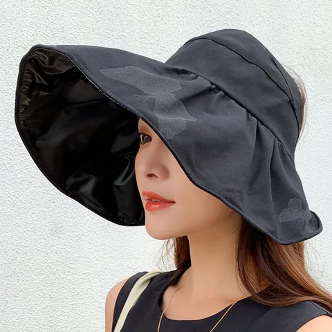 Women Large Brim Sun Hat Butterfly Print Black Glue UV Protection Empty Top Summer Bucket Hat Fashion Outdoor Shading Cap