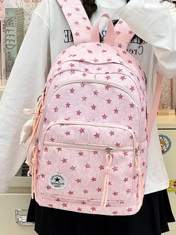 Women Casual Star Print Nylon Backpack Large Capacity School Bag For Students Outdoor Travel With Star Pendant