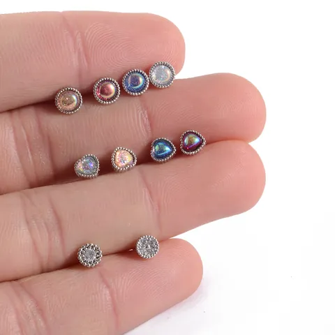 Stainless Steel Zirconia Iridescent Heart Round Cartilage Stud Earrings For Women Men 20G Screw Back Small Helix Ear Piercing Jewelry
