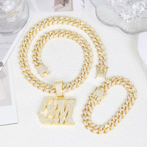 Hip Hop CM Letter Ster Hanger Ketting Armband Set Legering Iced Out Strass Cubaanse Schakelketting Sieraden Voor Mannen Vrouwen Feest