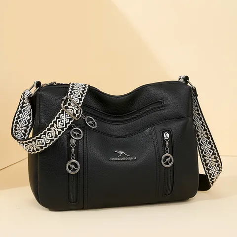 Borsa a Spalla da Donna in Pelle PU di Grande Capacità Borsa a Tracolla Multi-Tasca Con Tracolla Ricamata Larga Texture Litchi Handbag