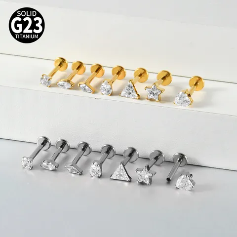 G23 Titanium Zirconia Internally Threaded Labret Stud Geometric Heart Star Triangle Water Drop Ear Bone Piercing Jewelry For Women
