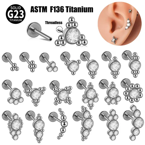 G23 Titanium Zirconia Threadless Lip Ring Triangle Flower Cartilage Stud Earring Internally Threaded Body Jewelry