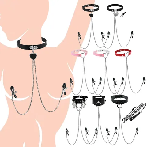 Punk Stainless Steel Choker Necklace With Metal Chain Nipple Clamps For Men Women Heart Ring Adjustable Body Jewelry Accessories