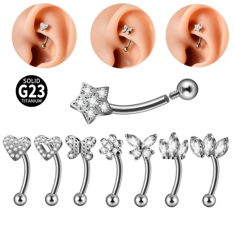 G23 Titanium Internally Threaded Curved Barbell Zirconia Heart Butterfly Flower Eyebrow Ring Rook Cartilage Piercing Studs Body Jewelry