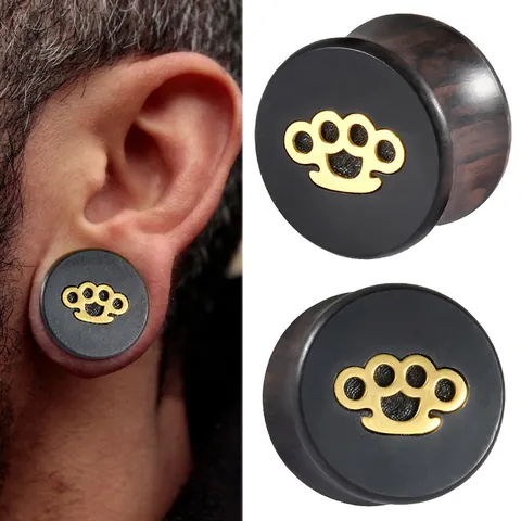 Ebony Wood Ear Plugs With Stainless Steel Brass Knuckles Pattern Personalized Body Piercing Jewelry Saddle Ear Gauges