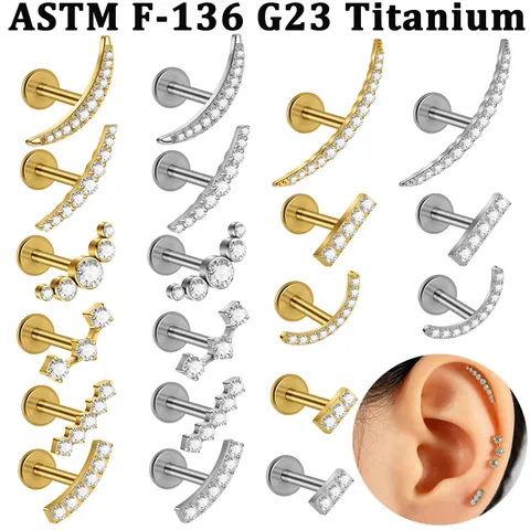 G23 Titan Labret Lippenstecker Innengewinde Zirkonia Halbmond Gebogener Stab Ohrstecker Piercing Schmuck Gold Silber Unisex
