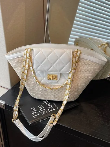 Sac Seau en Paille Tissée pour Femmes Grande Capacité Couleur Contrastée Matelassé Chaîne Sac à Bandoulière Décontracté Plage Été