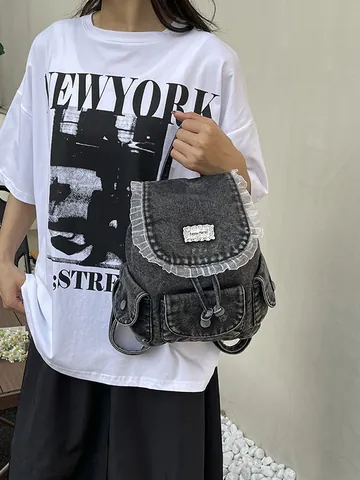 Women Retro Denim Backpack Academy Style Ruffle Lace Trim Washed Denim Rucksack Casual Daily Commute Mini School Bag For Teens