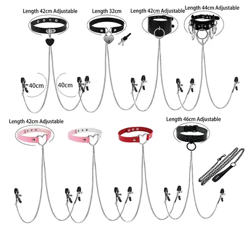 Punk Stainless Steel Choker Necklace With Metal Chain Nipple Clamps For Men Women Heart Ring Adjustable Body Jewelry Accessories