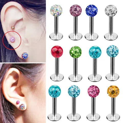 Solid G23 Titanium Labret Stud Lip Ring 16G Externally Threaded Rhinestone Ball Ear Cartilage Helix Piercing Jewelry For Unisex