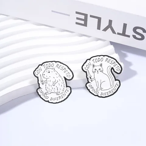 Funny Animal Quotes Metal Pin Brooch Capybara Cat Holding Knife Black White Enamel Badge Jewelry Accessory For Unisex