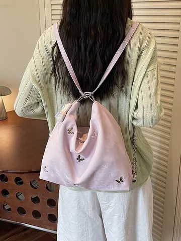 Niche Design Women PU Leather Butterfly Metal Charm Backpack Multi-functional Large Capacity Shoulder Crossbody Bag For Commute Travel