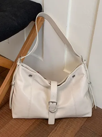 Women Fashion PU Leather Tote Bag Large Capacity Underarm Bag Casual Travel Shoulder Bag With Belt Buckle Decorative Stitching