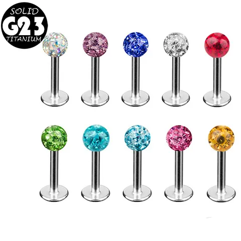 Solid G23 Titanium Labret Stud Lip Ring 16G Externally Threaded Rhinestone Ball Ear Cartilage Helix Piercing Jewelry For Unisex