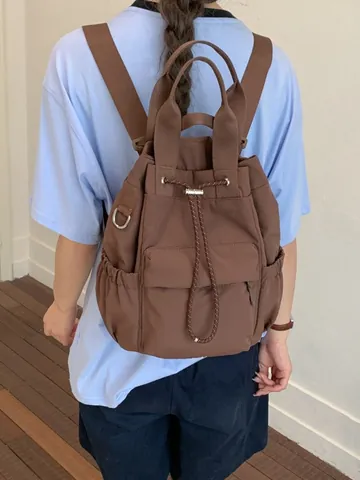Mochila Minimalista con Cordón para Mujer Gran Capacidad Bolso de Hombro Multifuncional de Poliéster para Uso Diario Viaje