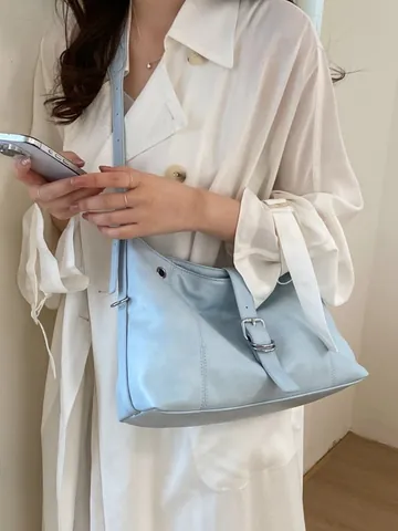 Women Fashion PU Leather Tote Bag Large Capacity Underarm Bag Casual Travel Shoulder Bag With Belt Buckle Decorative Stitching