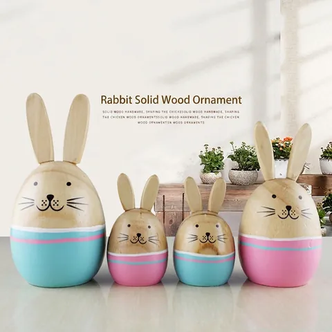 Handmade Pine Wood Rabbit Family Figurines Pastoral Style Solid Wood Animal Statue For Home Table Desktop Decoration Gift