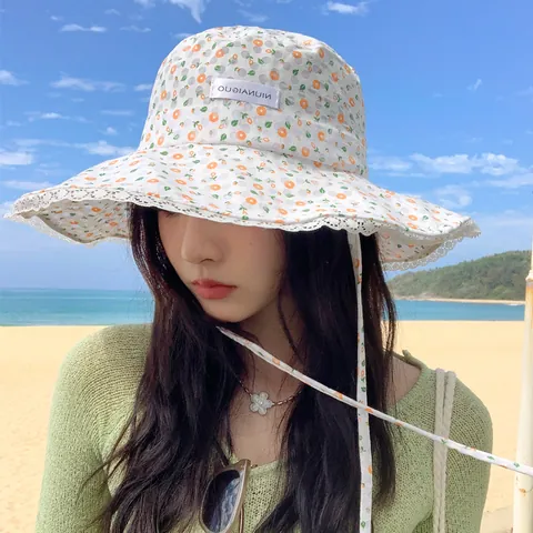 Women Floral Lace Trim Bucket Hat Summer Wide Brim Sun Hat UV Protection Outdoor Beach Travel Foldable Acrylic Sunscreen Cap