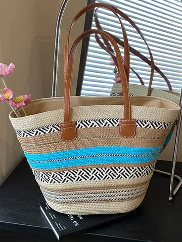 Large Capacity Straw Woven Tote Bag With Leather Look Handles Korean Style Color Block Striped Beach Shoulder Bag For Women