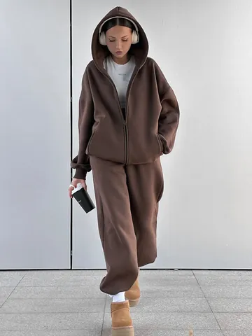 Completo Sopra E Sotto Donna Felpa Con Cappuccio E Zip E Pantaloni Tinta Unita Vestibilità Larga Casual Oversize Tuta Sportiva Polyester Loungewear