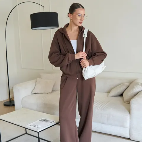 Ensemble Femme Oversize avec Veste à Capuche et Pantalon Large Tricoté Polyester Sportif Décontracté Survêtement Haut et Bas Loungewear