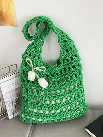 Bolso de Hombro de Paja Tejido de Gran Capacidad para Mujer Bolso de Playa Calado Con Colgante de Tulipán Bolso Tote Casual para Vacaciones de Verano