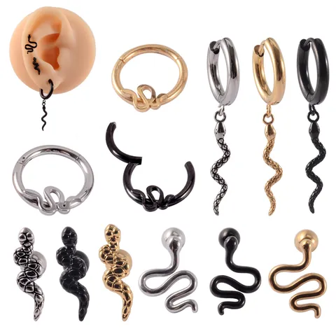 Stainless Steel Snake Stud Earrings Personalized Curved Snake Cartilage Hoop Small Septum Nose Ring Punk Body Jewelry For Women Men