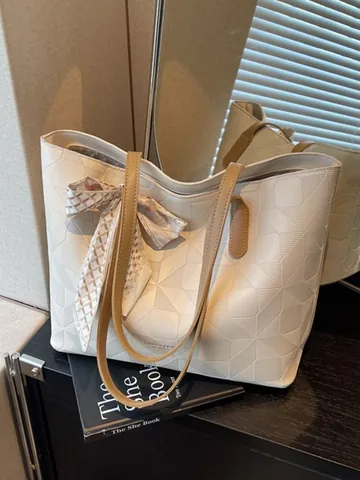 Women Large Capacity Tote Bag Fashion Quilted PU Leather Shoulder Bag Commuter Shopper Bag With Silk Scarf Decor Solid Color