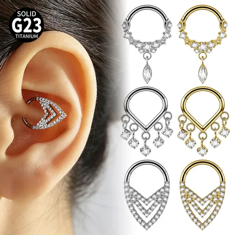 Solid G23 Titanium Zirconia Nose Ring Hinged Segment Clicker Marquise Water Drop V Shape Tassel Cartilage Helix Piercing Jewelry