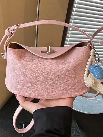 Korean Style Women Bucket Bag High End PU Leather Lychee Grain Twist Lock Crossbody Shoulder Handbag Casual Fashion Purse