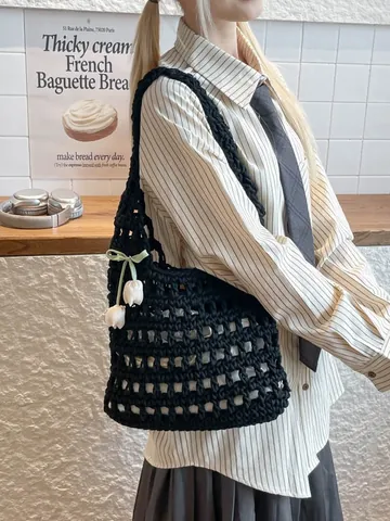 Bolso de Hombro de Paja Tejido de Gran Capacidad para Mujer Bolso de Playa Calado Con Colgante de Tulipán Bolso Tote Casual para Vacaciones de Verano
