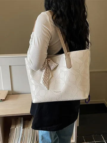 Women Large Capacity Tote Bag Fashion Quilted PU Leather Shoulder Bag Commuter Shopper Bag With Silk Scarf Decor Solid Color