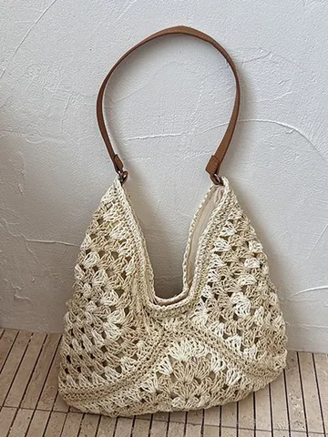 Γυναικεία Casual Χειροποίητη Ψάθινη Τσάντα Tote Μεγάλη Χωρητικότητα Καλοκαιρινή Τσάντα Ώμου για Παραλία και Διακοπές Με Ιμάντα PU Δέρμα