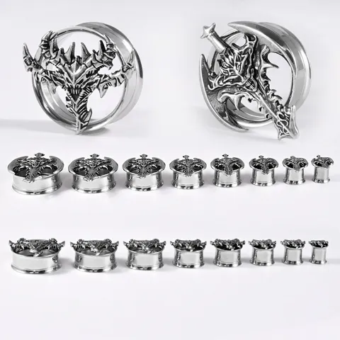Orecchini a Dilatatore in Acciaio Inossidabile Punk Gotico Diavolo Mostro Spada Doppio Svasato Gioielli per Piercing Unisex